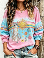 Women's Hippie Cartoon Cat Rainbow Sun Gradient Art Print Crew Neck Long Sleeve Sweatshirt