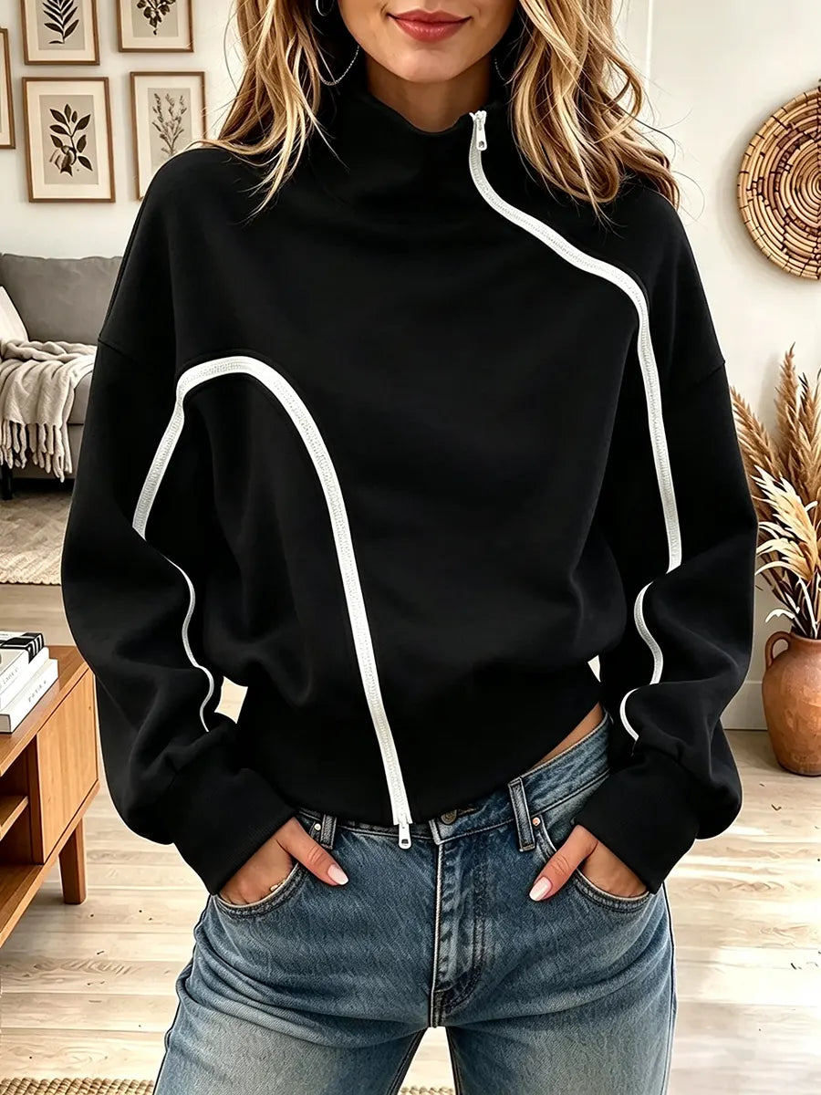 Women's Asymmetric Diagonal Zip High Neck Sweatshirt
