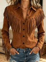 Western Fringe Trim Faux Suede Shirt Jacket, Women Collar Button‑Up Long Sleeve Shacket