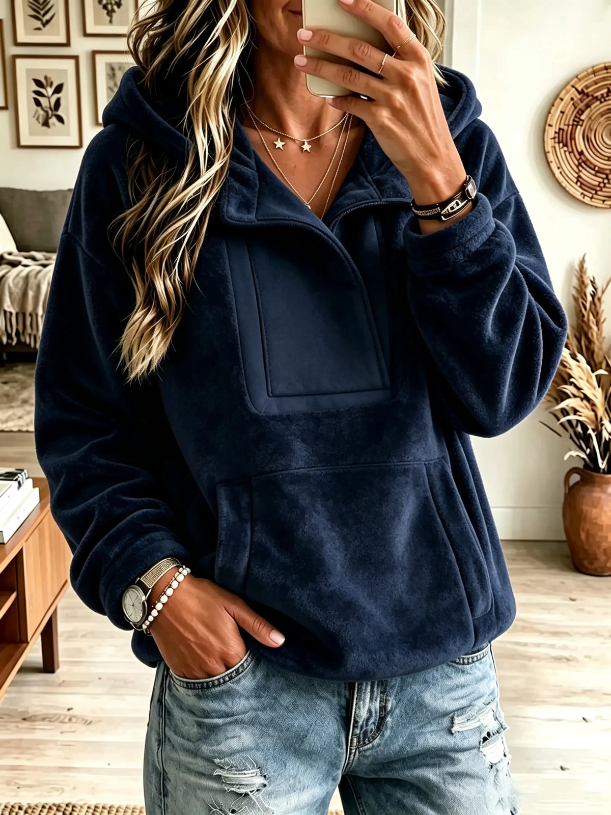 Women's Half-Zip Kangaroo Pocket Teddy Fleece Hoodie