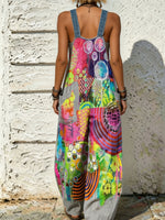 Women's Vibrant Abstract Art Print Adjustable Strap Wide Leg Overalls Jumpsuit