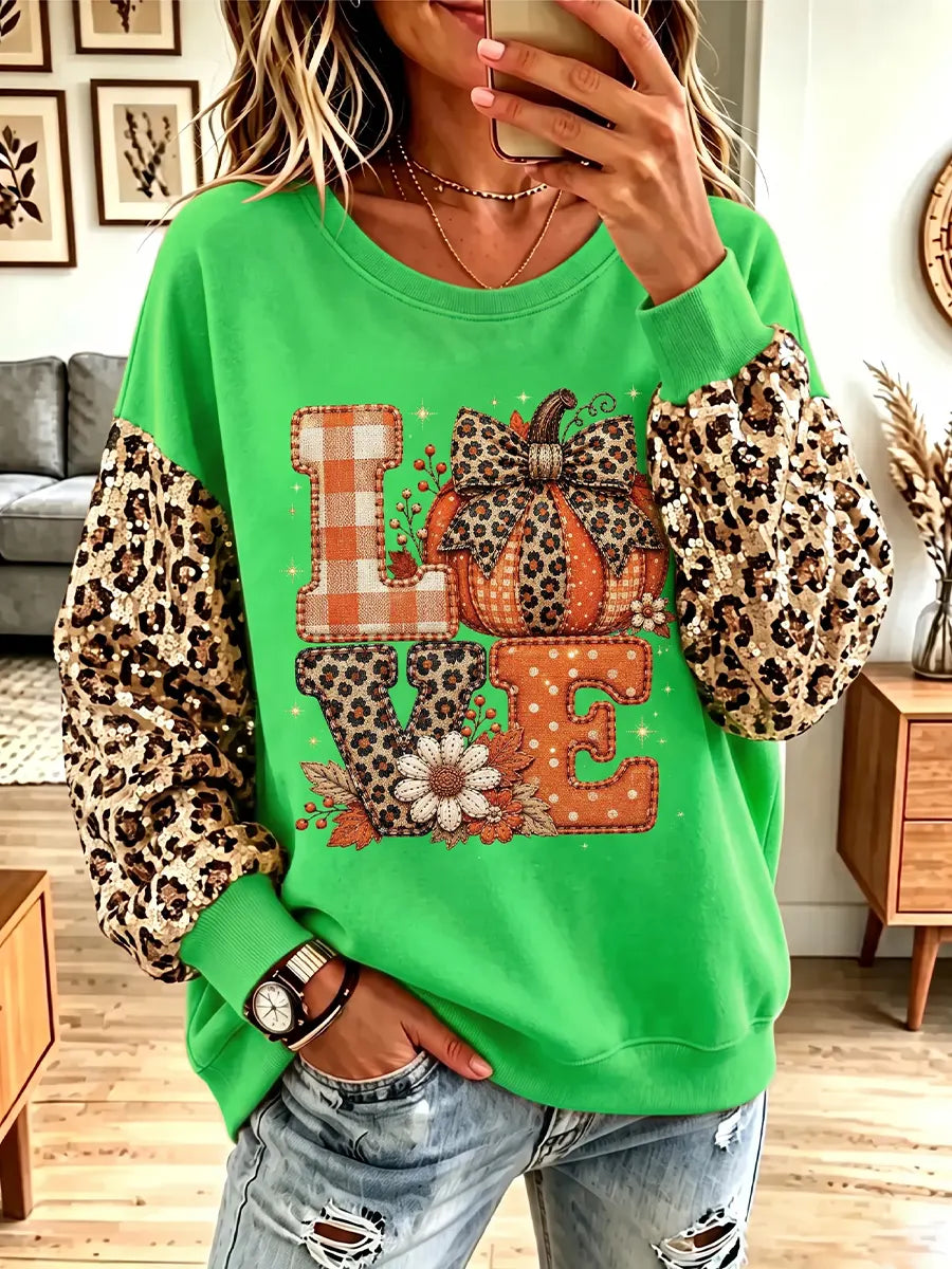 Vintage Elegant Sparkling Halloween Pumpkin Leopard Print Sweatshirt