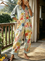 Women's Allover Watercolor Floral Washed Denim Overalls