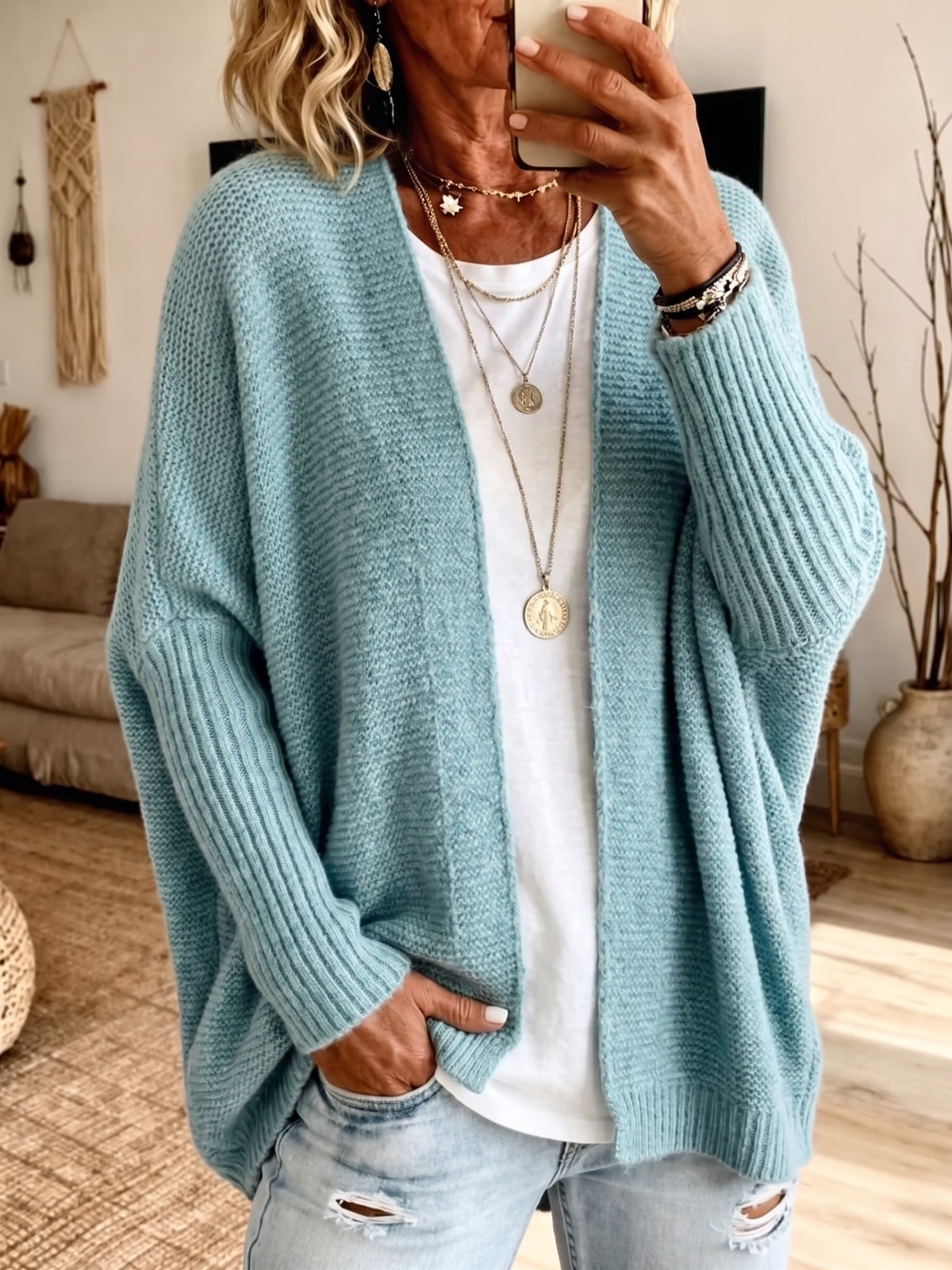 Oversized Open Front Ribbed Knit Cardigan