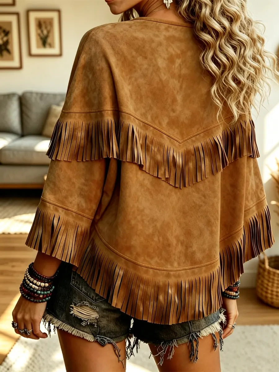 Retro Ethnic Fringe Suede Art Casual Stylish 3/4 Sleeve Poncho Top