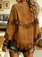 Retro Ethnic Fringe Suede Art Casual Stylish 3/4 Sleeve Poncho Top