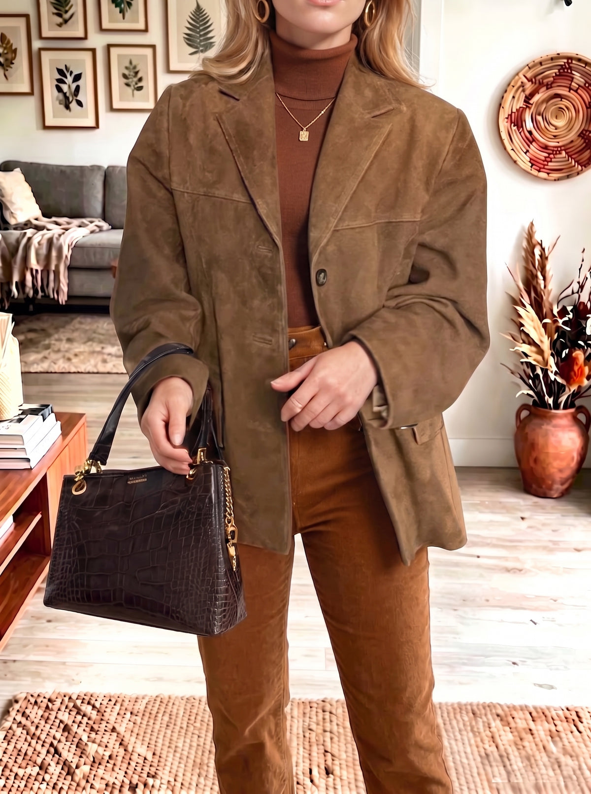 Vintage Suede Lapel Single‑Breasted Blazer Jacket Women Casual Coat
