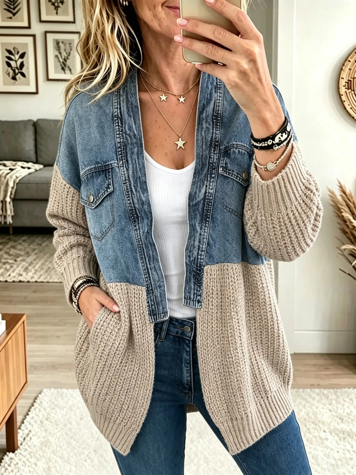 Women's Denim Patchwork Knit Cardigan