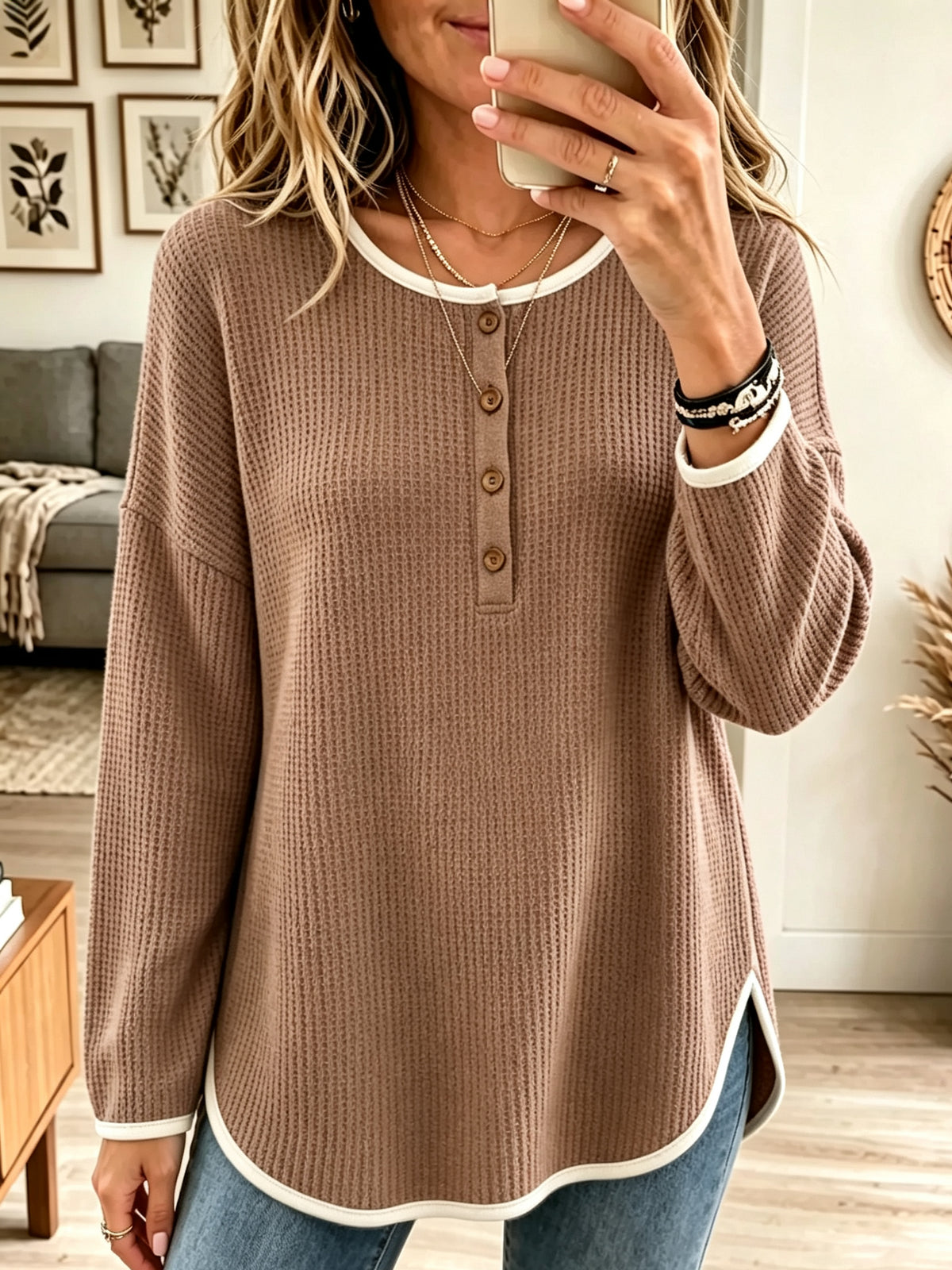 Women's Waffle Knit Button-Down Henley Tunic