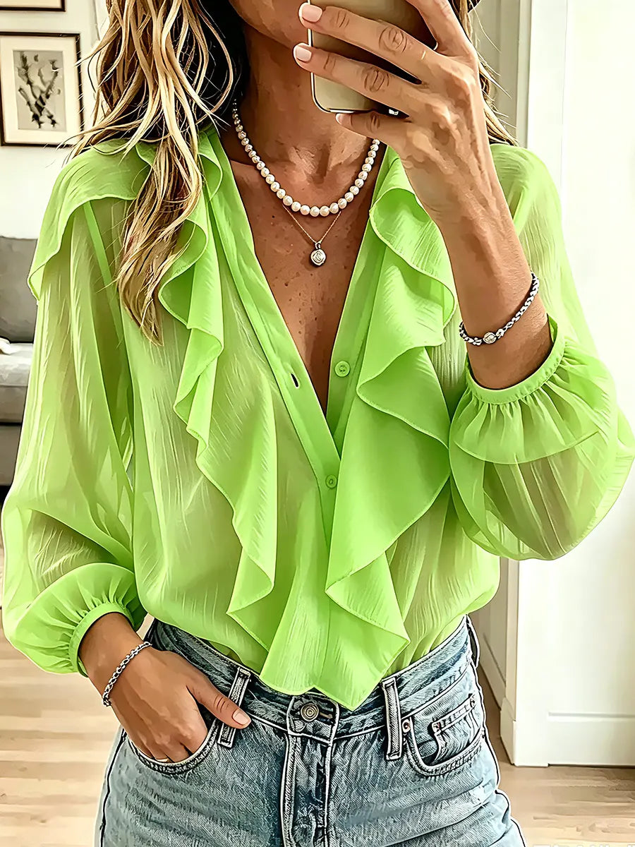 Vintage Elegant V-neck Long-sleeved Chiffon Ruffled Shirt