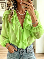 Vintage Elegant V-neck Long-sleeved Chiffon Ruffled Shirt