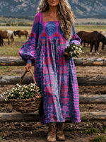 Women‘s Vibrant Leaf Print Square Neck Balloon Sleeve Boho Midi Dress