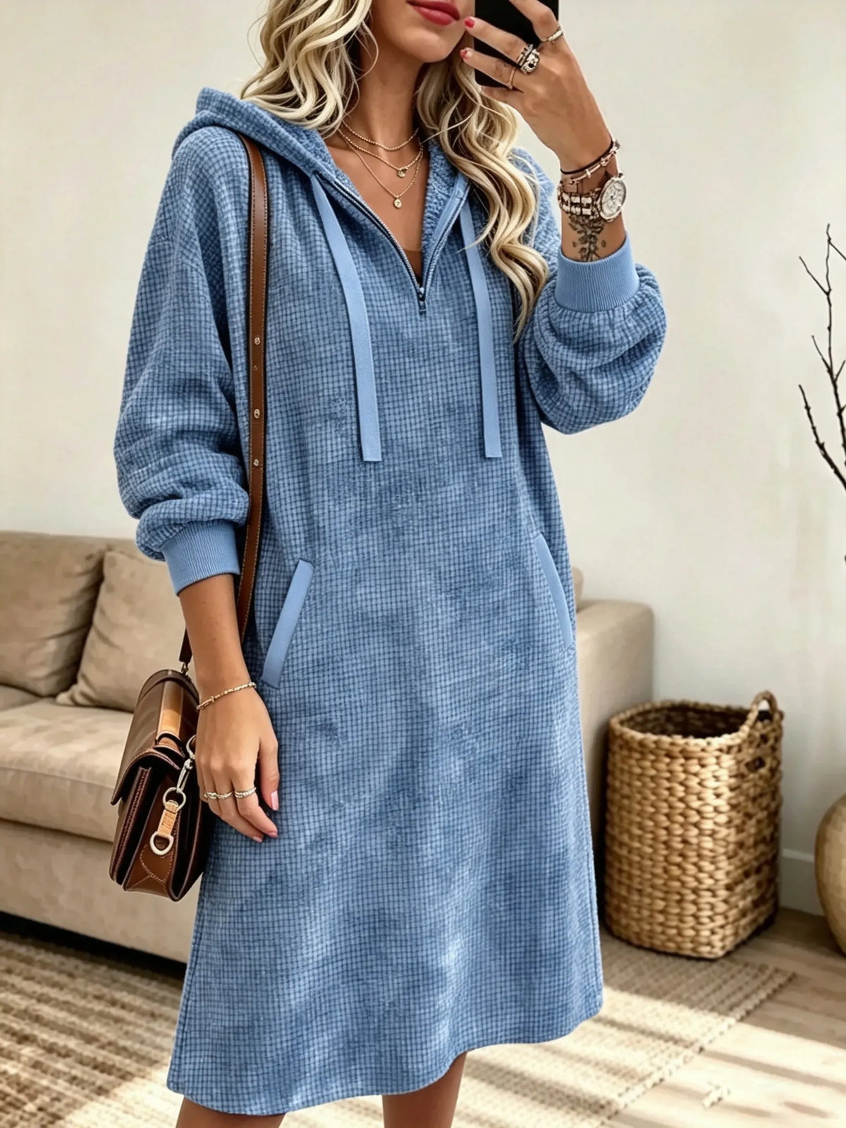 Women's Hooded Half-Zip Waffle Knit Sweatshirt Dress
