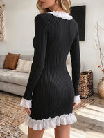 Vintage Elegant Knitted Fabric Patchwork Ruffle Dress