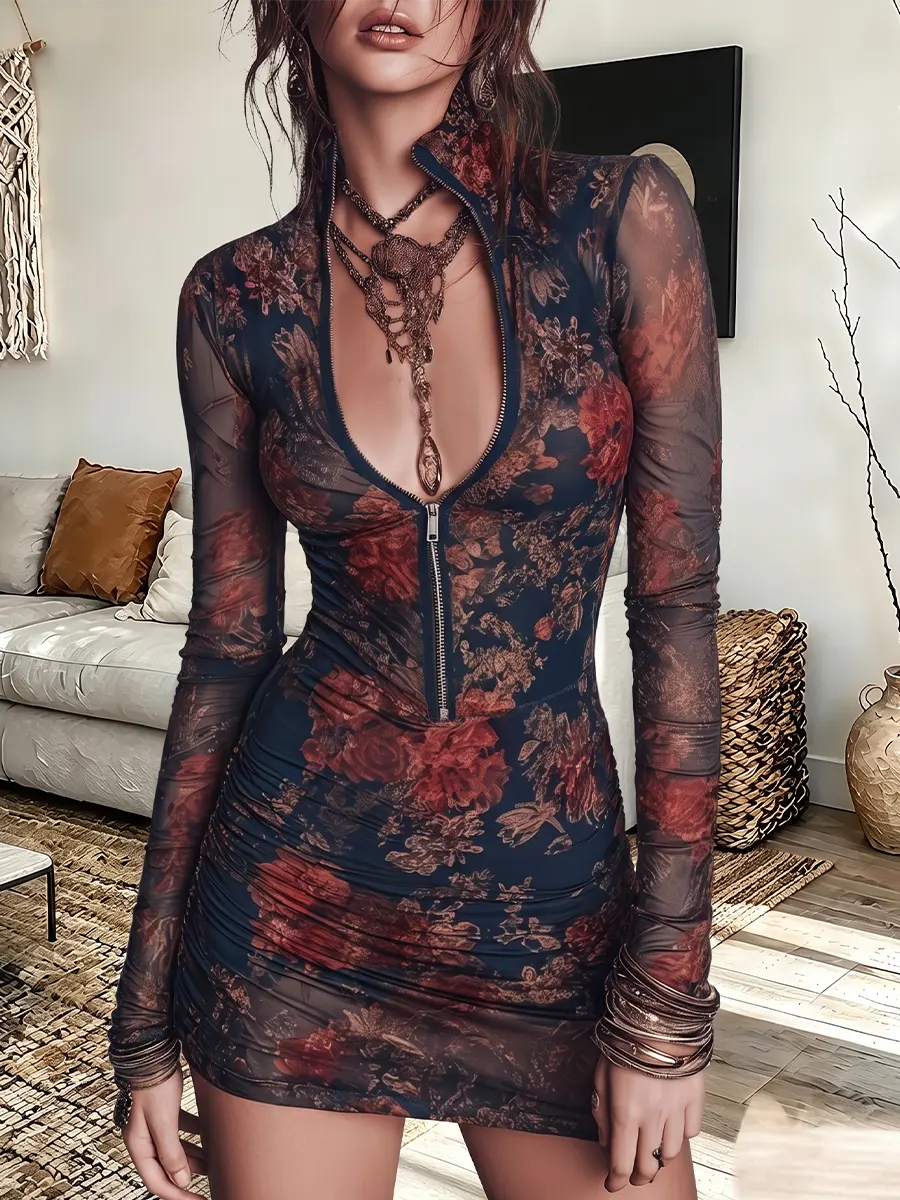 Vintage Elegant Mesh Floral Zipper Dress