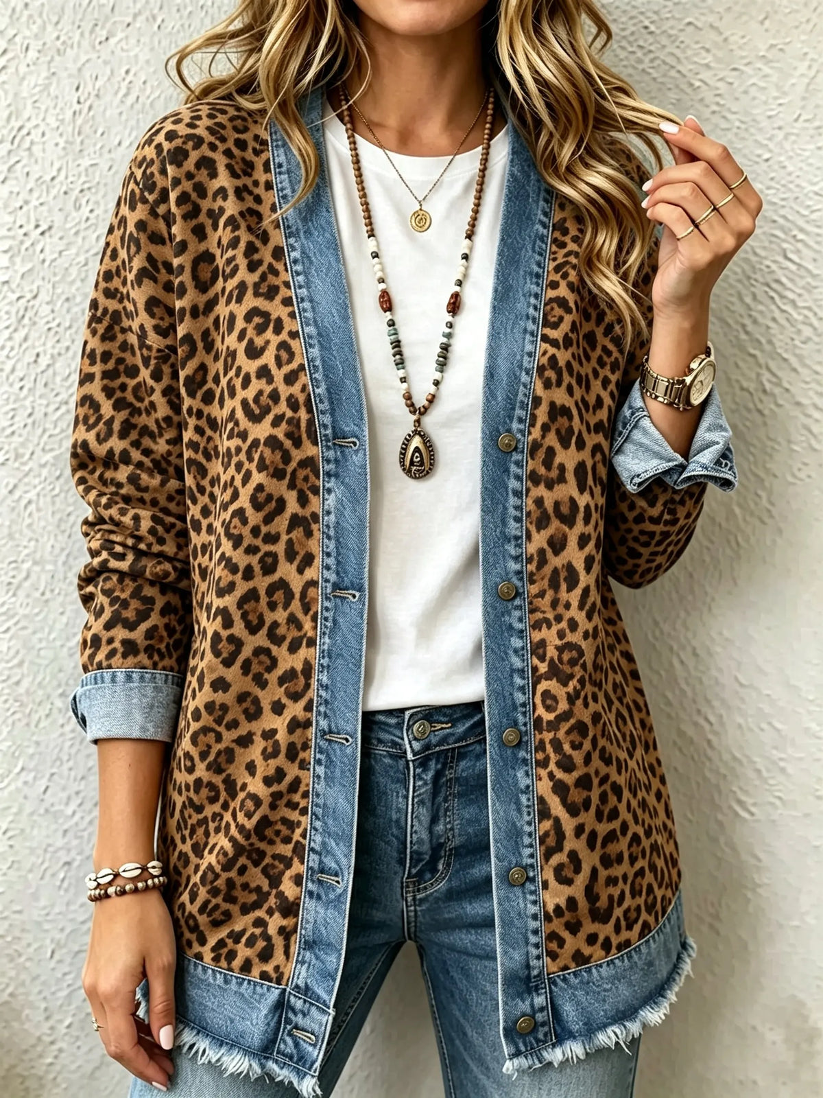 Women's Leopard Denim Trim Cardigan Jacket