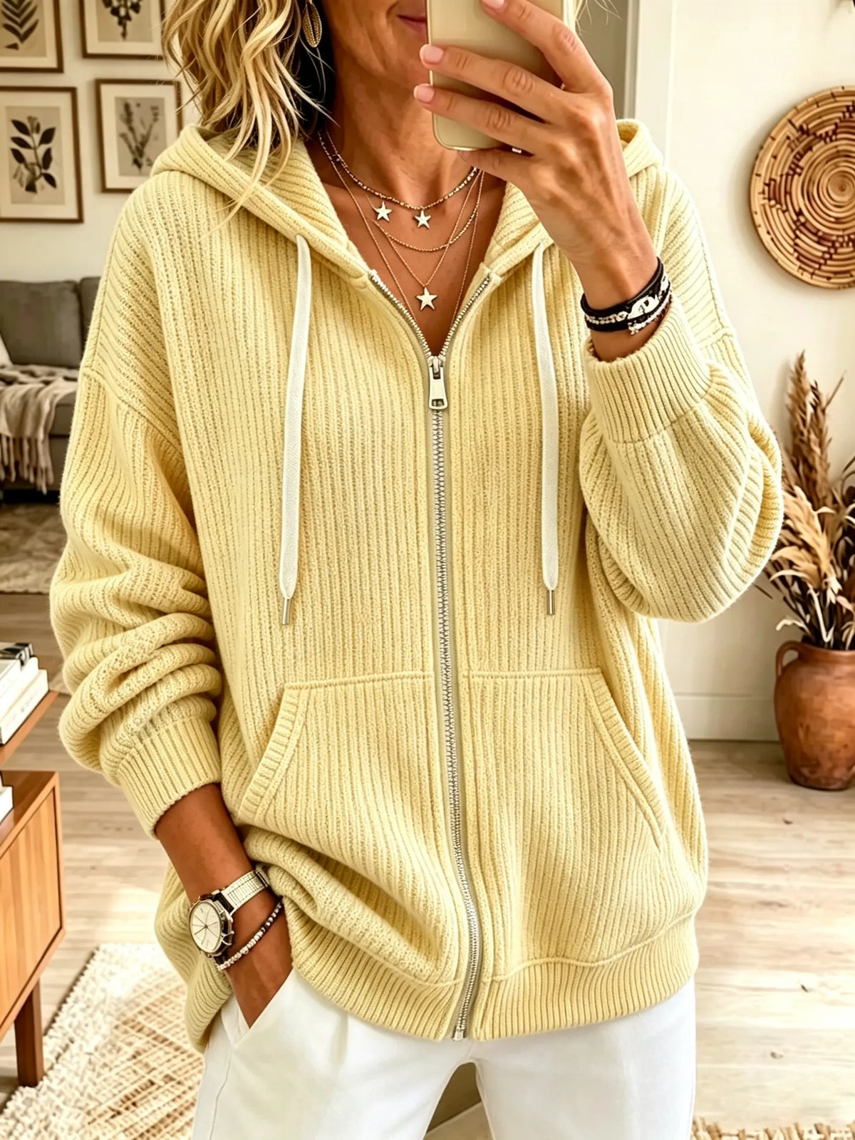 Women's Full-Zip Ribbed Knit Hooded Cardigan