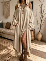 Women's Bohemian Knit Hoodie Patchwork Shoulder Maxi Dress