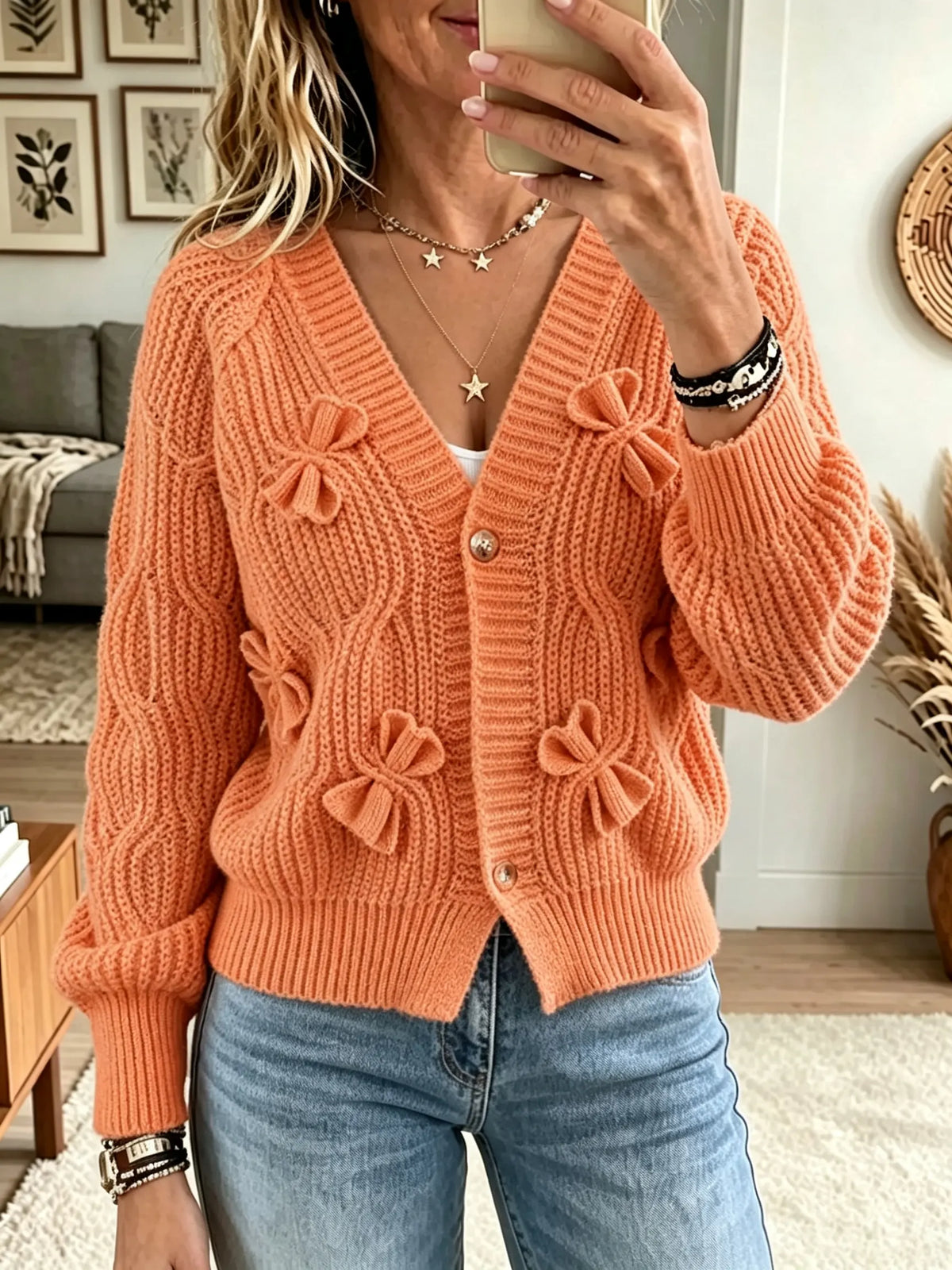 Women's 3D Bow Accent Cable Knit Cardigan