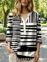Women's Black White Stripe Pattern Art Print Casual Long Sleeve Linen Shirt