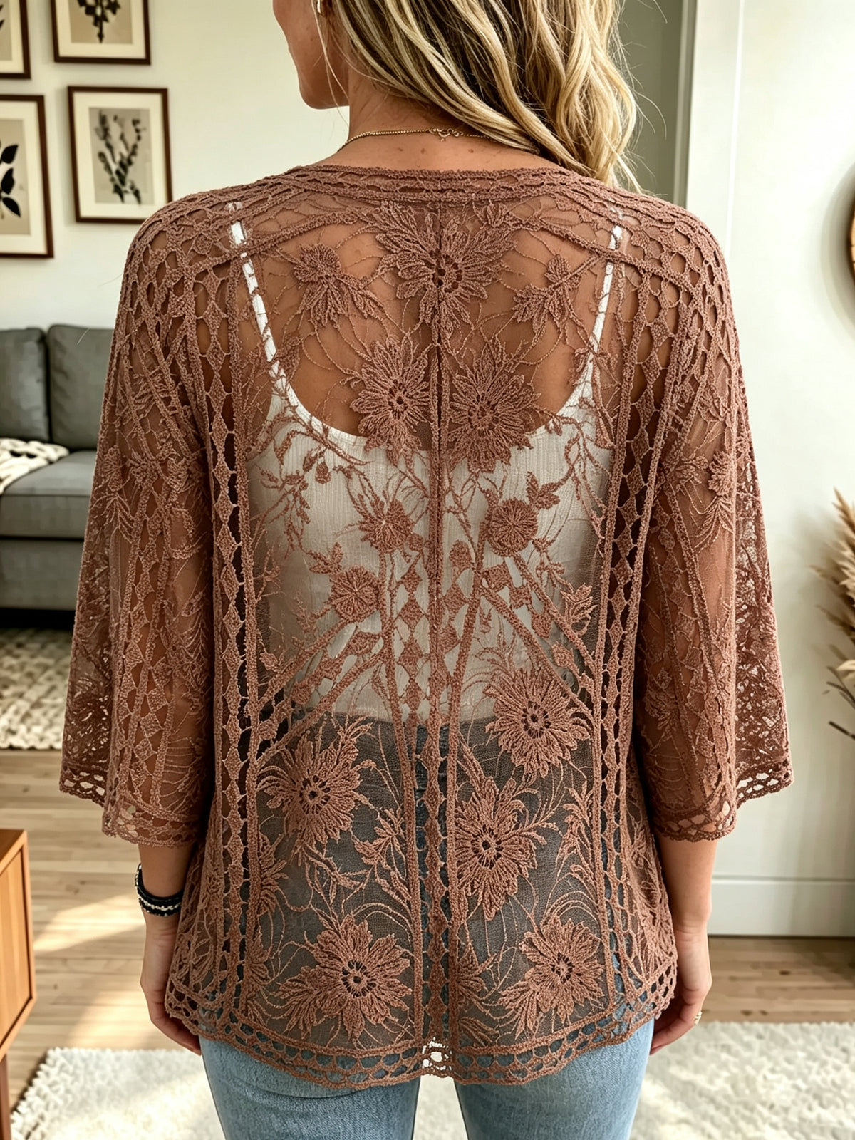 Women's Sheer Floral Lace Open-Front Kimono Cardigan