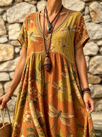 Women's Vintage Floral Dragonfly Print Maxi Dress