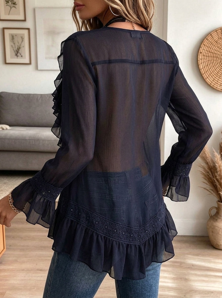 Women's V Neck Ruffled Lace Chiffon Blouse, Long Bell Sleeve Boho Flowy Top