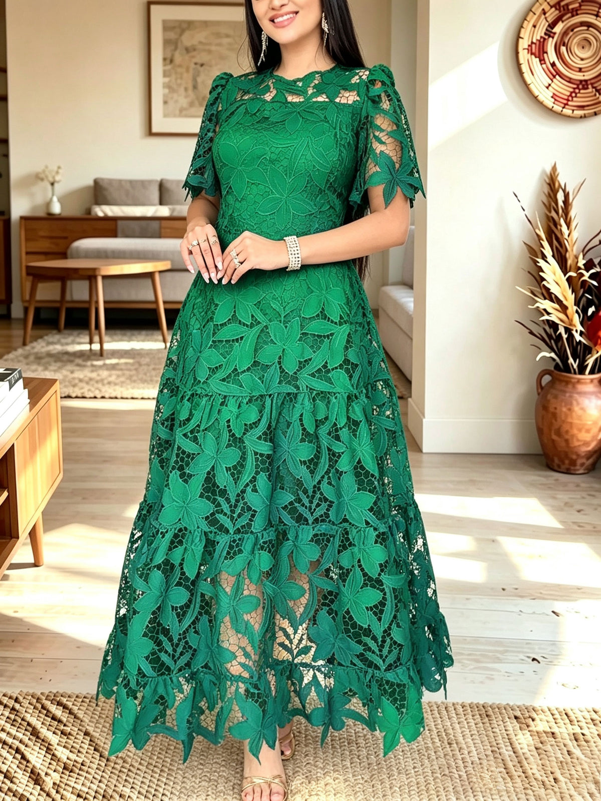 Women Navy Floral Lace Short Sleeve Tiered Maxi Dress