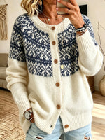 Women Crew Neck Button‑front Long Sleevefair Isle Pattern Knit Cardigan Sweater