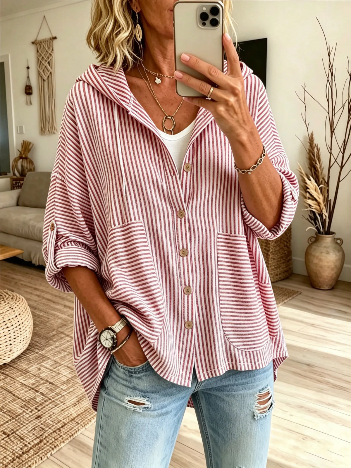 Women's Vertical Stripe Oversized Hooded Shirt
