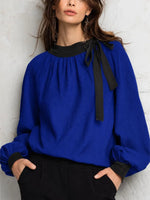 Retro Elegant Bow Color Block Art Casual Stylish Long Sleeve Cotton Linen Shirt