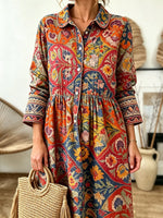 Women's Ethnic Floral Patchwork Print Collared Long Sleeve Maxi Dress