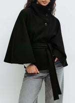 Cape Sleeve Belted Wool Blend Coat Stand Collar Button Wrap Jacket