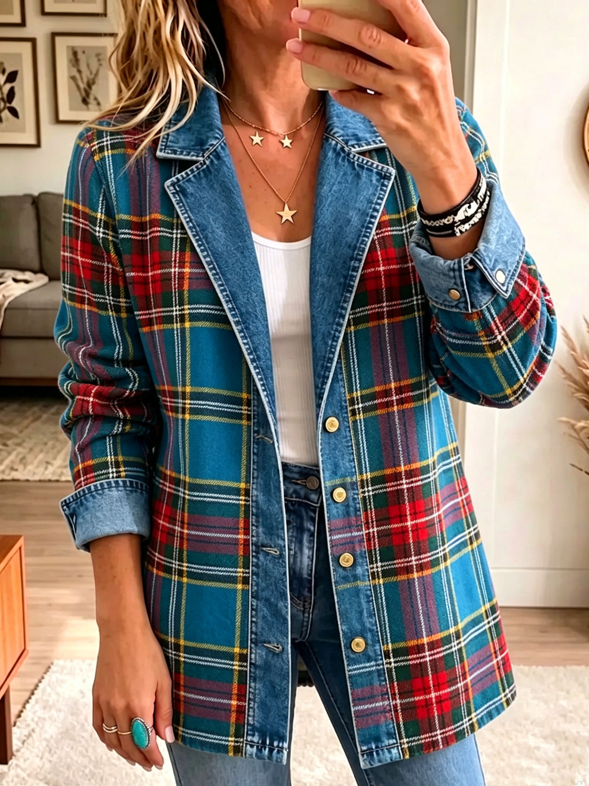 Women Lapel Button Vintage Tartan Plaid Denim Spliced Blazer Jacket Outerwear