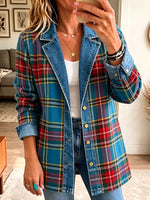 Women Lapel Button Vintage Tartan Plaid Denim Spliced Blazer Jacket Outerwear