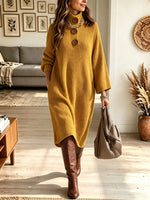 Women's Button Turtleneck Ribbed Knit Midi Sweater Dress