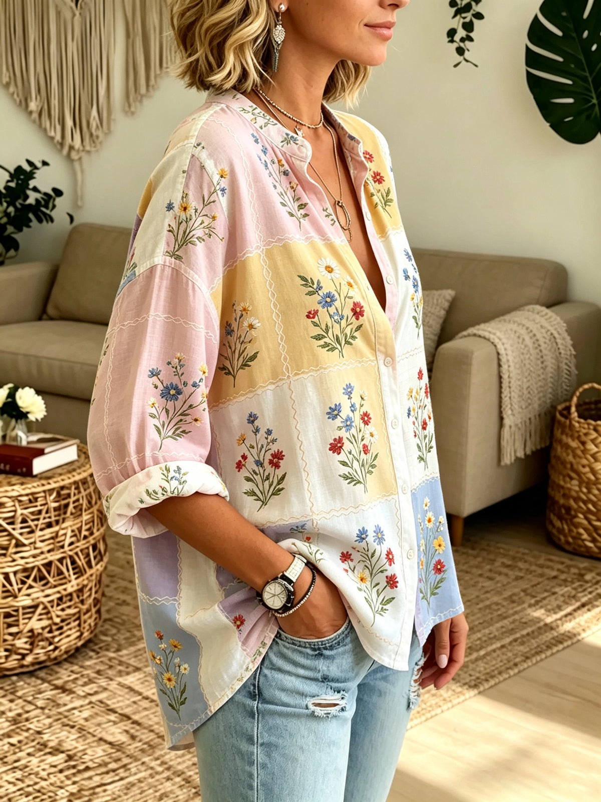 Women's Pastel Floral Patchwork Print Button-Down Shirt