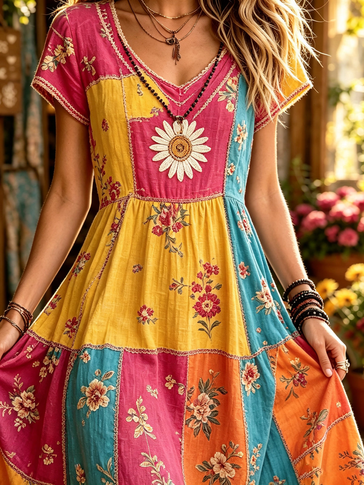 Women's Floral Patchwork Print Maxi Dress