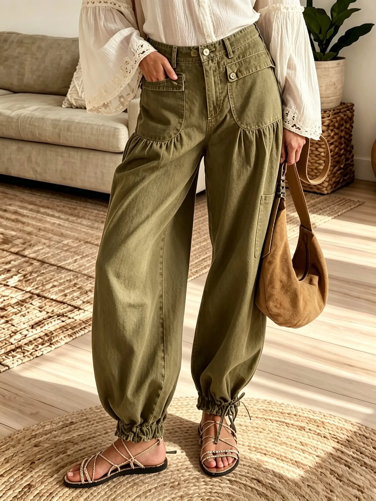 Women's High-Rise Tie-Ankle Jogger Pants