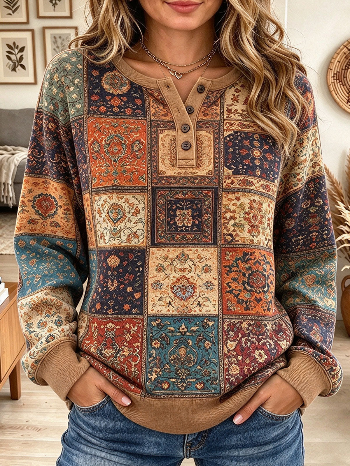 Women's Vintage Bohemian Tapestry Print Patchwork Long Sleeve Henley Sweatshirt