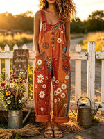 Women's Vintage Daisy Peace Sign Print Orange Overall Pants