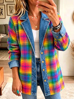 Women Lapel Button Casual Rainbow Plaid Denim Spliced Blazer Jacket Outerwear