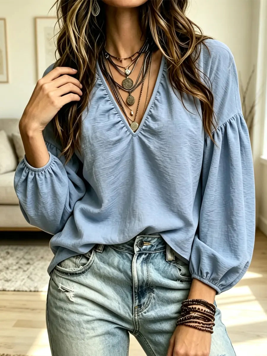 Retro Art V Collar Casual Stylish Long Sleeve Cotton Linen Shirt