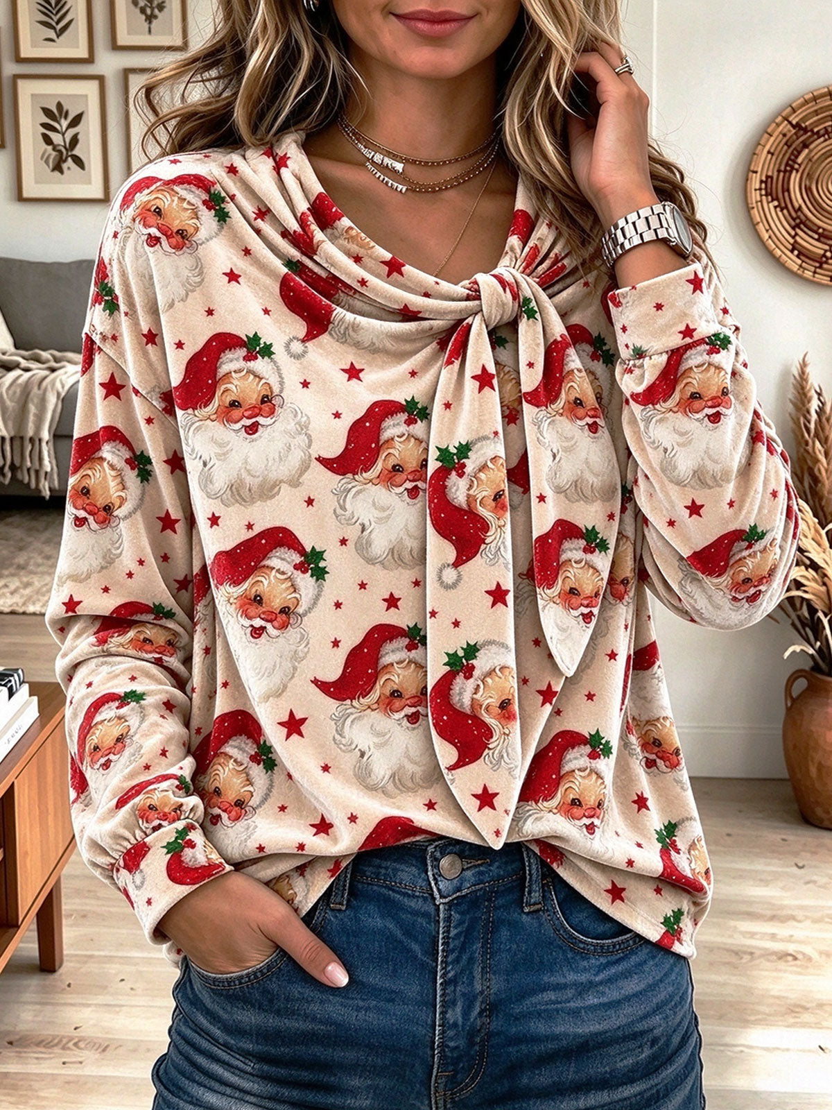 Women's Beige Santa Claus Print Cowl Neck Long Sleeve Sweatshirt with Neck Tie