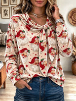 Women's Beige Santa Claus Print Cowl Neck Long Sleeve Sweatshirt with Neck Tie