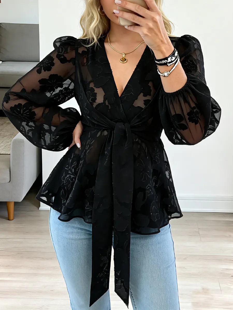 Vintage Elegant Sheer Jacquard Chiffon Shirt