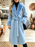 Faux Fur Collar Belted Long Plush Coat, Women Lapel Warm Winter Robe‑Style Outerwear