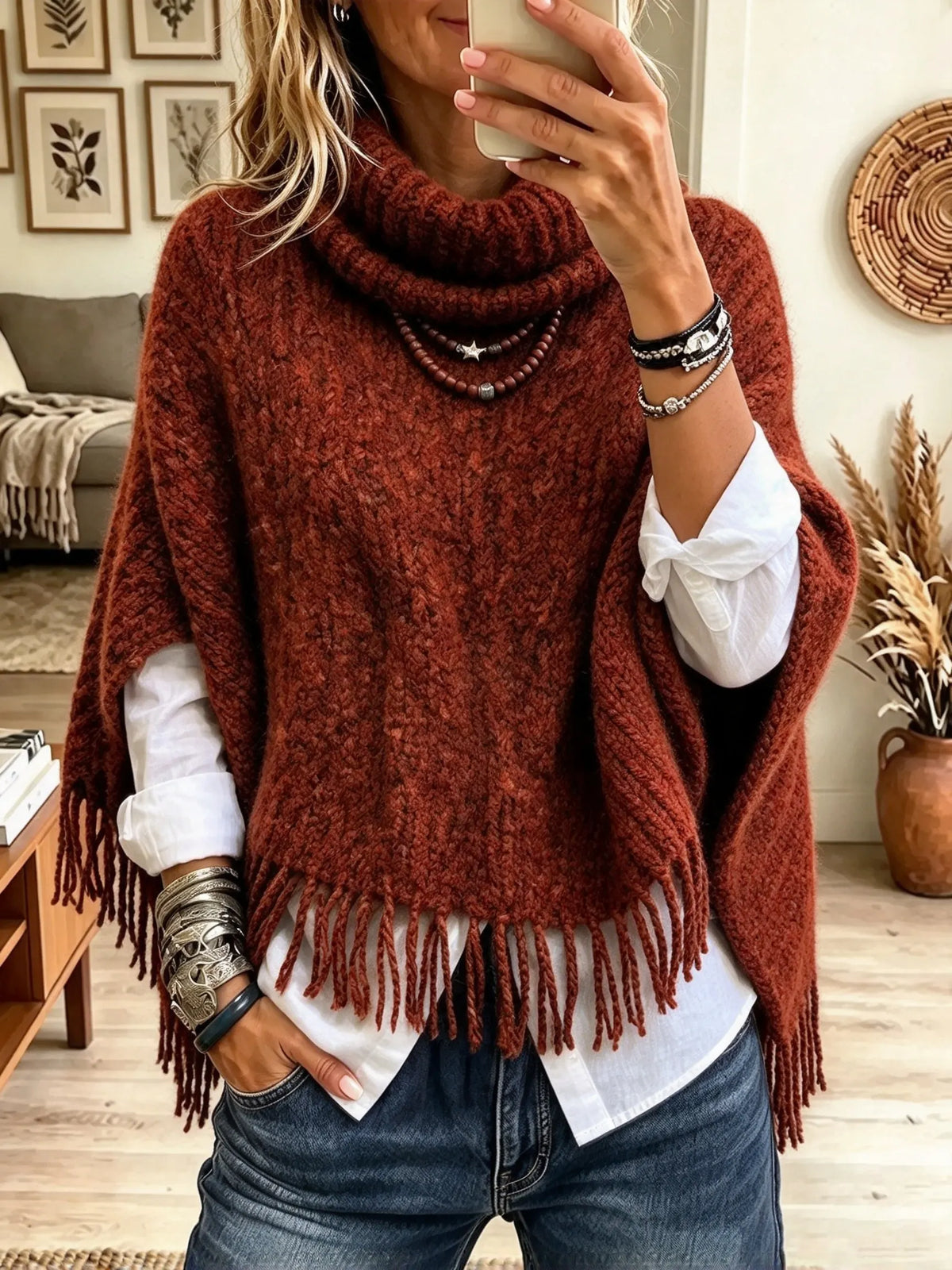 Women's Cowl Neck Fringe Trim Knit Poncho Sweater