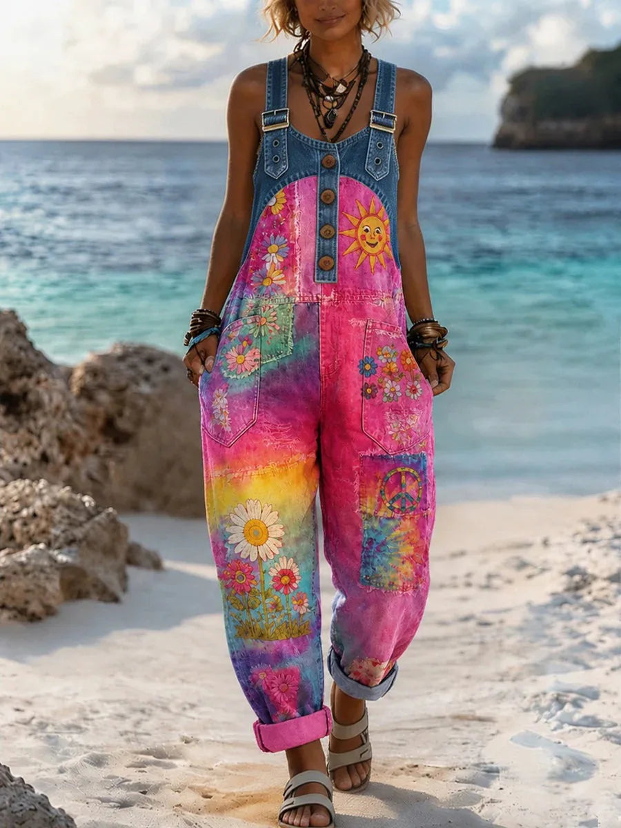 Women Rainbow Tie Dye Daisy Sun Print Denim Long Overalls