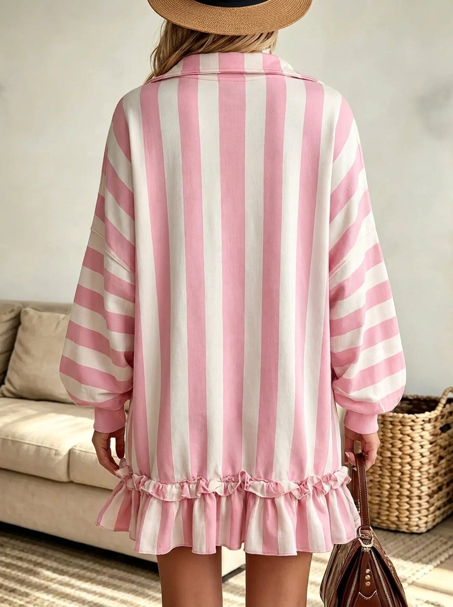 Women's Striped Half-Zip Ruffle Hem Sweatshirt Dress